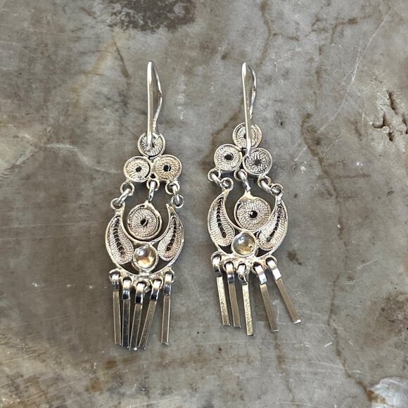 VTG Sterling Silver 925 Filigree Spun Silver Fringe Dangle Drop Earrings - Picture 6 of 14